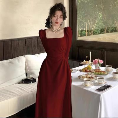 Red Long-sleeved Dress Women's Autumn French Engagement Dress Bridal Toasting Clothes Can Usually Wear Red Skirt Long Dress