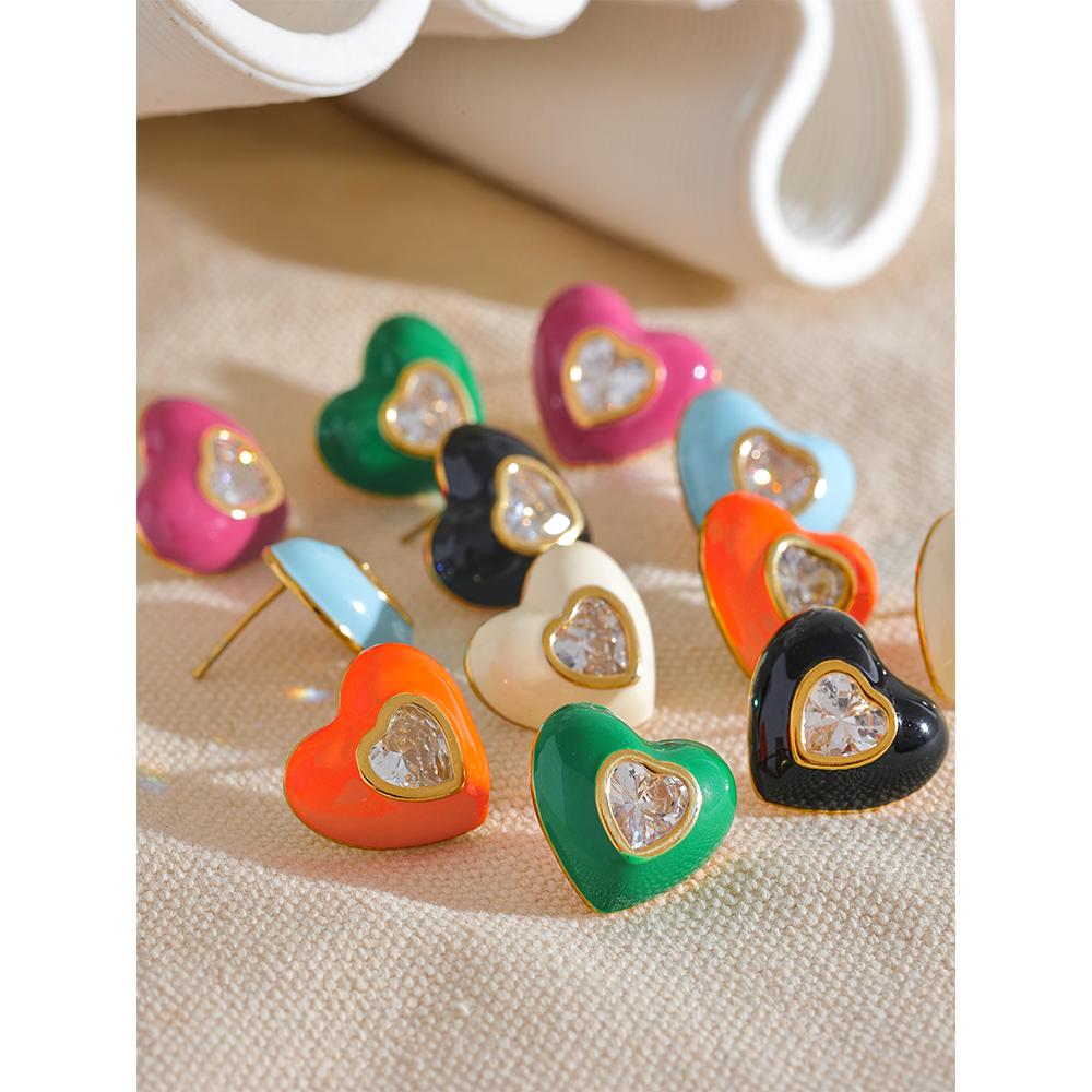 Yhpup 6Color Enamel Shiny Cubic Zirconia Stainless Steel Heart Colorful Stud Earrings Exquisite High Quality Y2K Fashion Jewelry