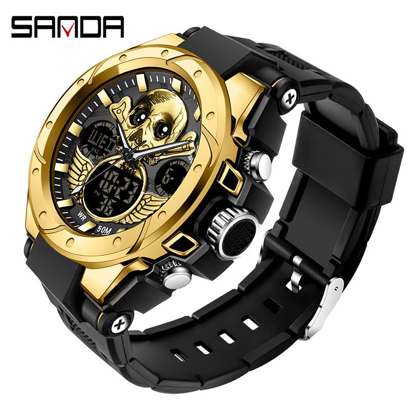 Sanda Skull Design Dual Display Waterproof Luminous Men's Student Multifunctional Watch
