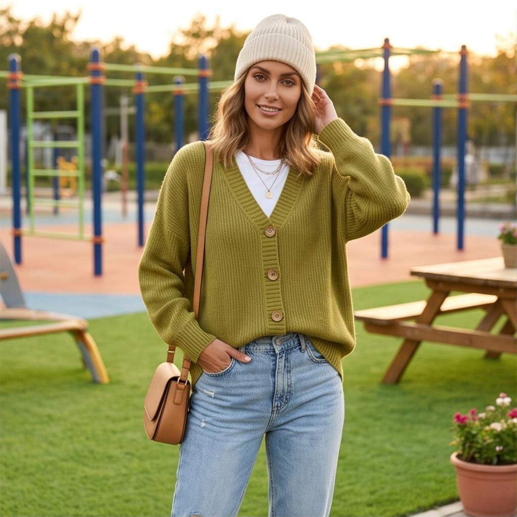 Women's Color V-Neck Button Front Knit Cardigan Long Sleeve