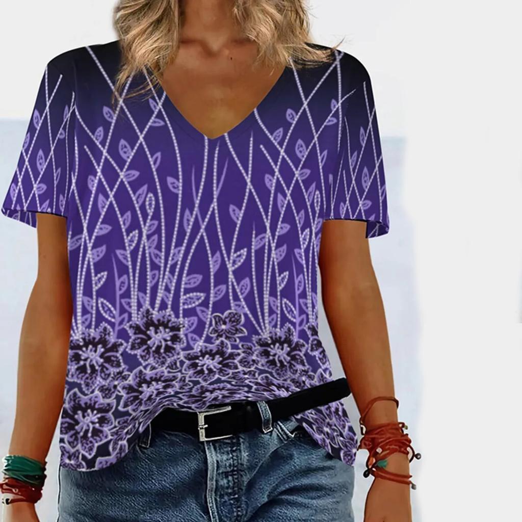Summer V-neck 3D Gradient Printed Top Fashionable Casual Short Sleeved Women's T-shirts