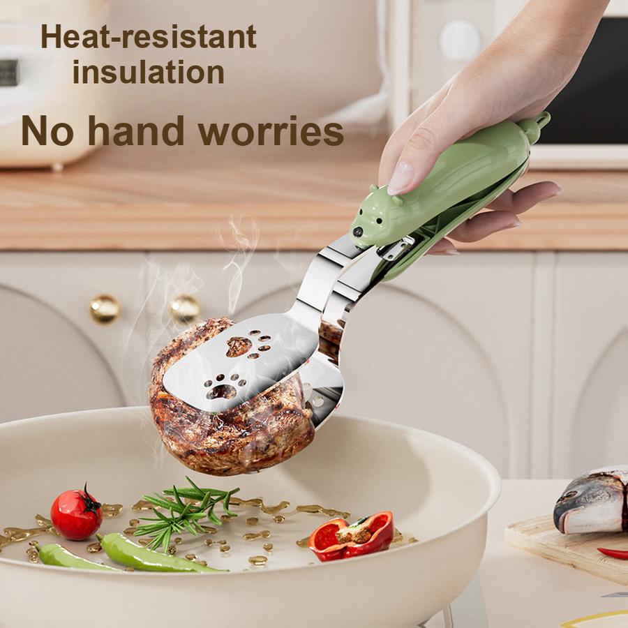 Small Bear Fried Fish Turner 2-in-1 Stainless Steel Food Clip Long Handle Anti-Slip Oil Draining Spatula Heat Resistant Clip