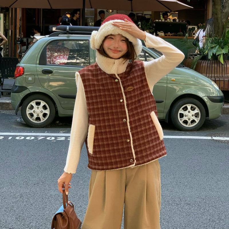 American retro plaid sleeveless vest cotton clothes for men and women in autumn and winter new loose and versatile casual stacked coat top