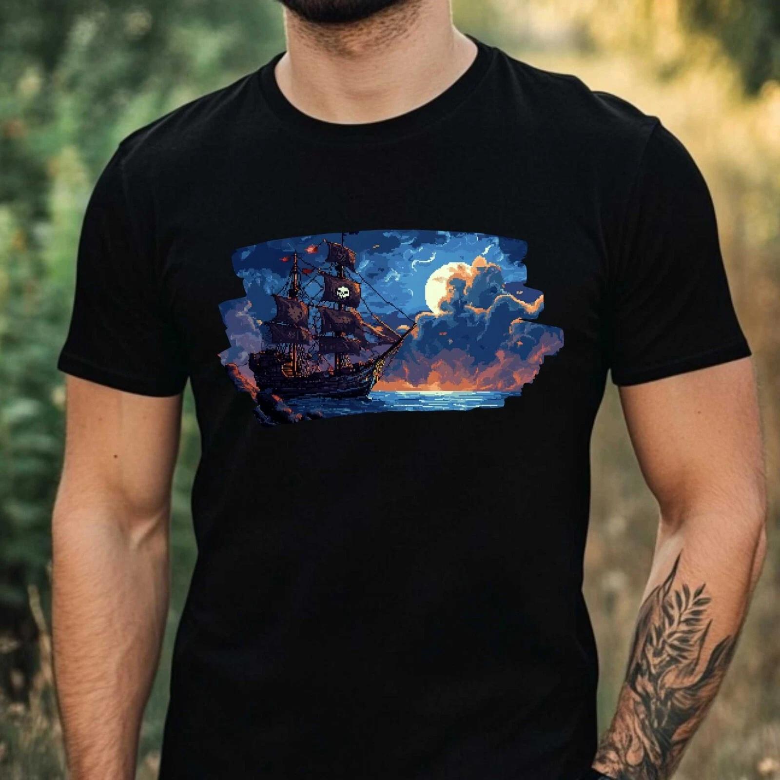 T-Shirt Herren Piratenschiff Pixel Art Motiv Baumwolle Größe XS bis 5XL XXL