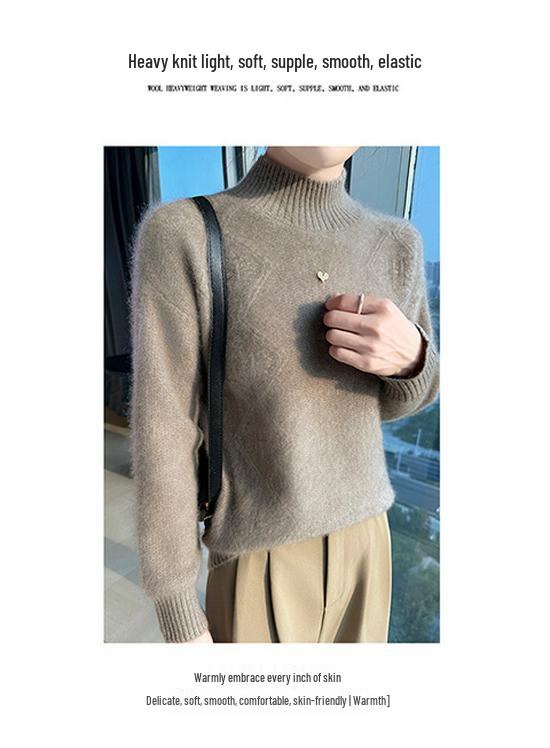 Women's Thick Wool Knit Sweater - Ribbed Half-High Neck, Long Sleeve, Loose Fit, Versatile Style.