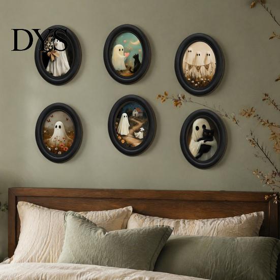 Oval Wood Picture Frame Halloween Gothic Wooden Hanging Plaque, Vintage Black Cat Ghost Wall Sweet Cool Sign Sign, Retro Waterproof Decorative Art for