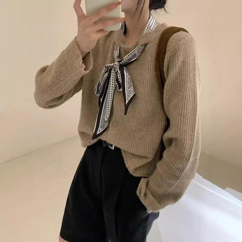 

New design neck scarf collar knitted sweater cardigan top lazy wind sweater women s autumn and winter coat one size fits all хаки