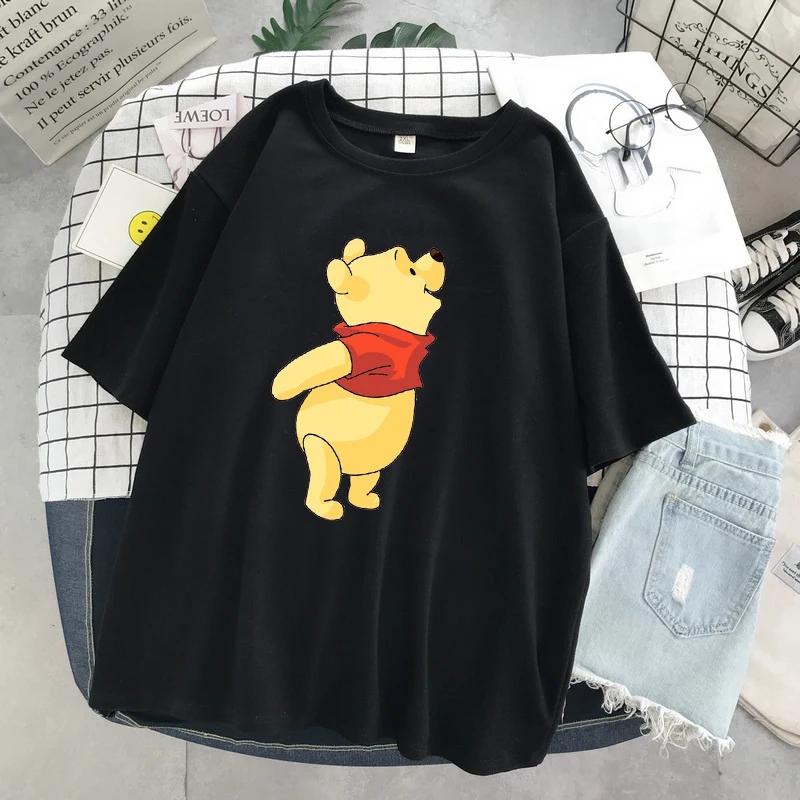 MINISO Winnie Disney Women Men Tshirts Pooh Bear Cartoon Kawaii Tops Fashion Oversized Clothing Short Sleeve Hotselling Top