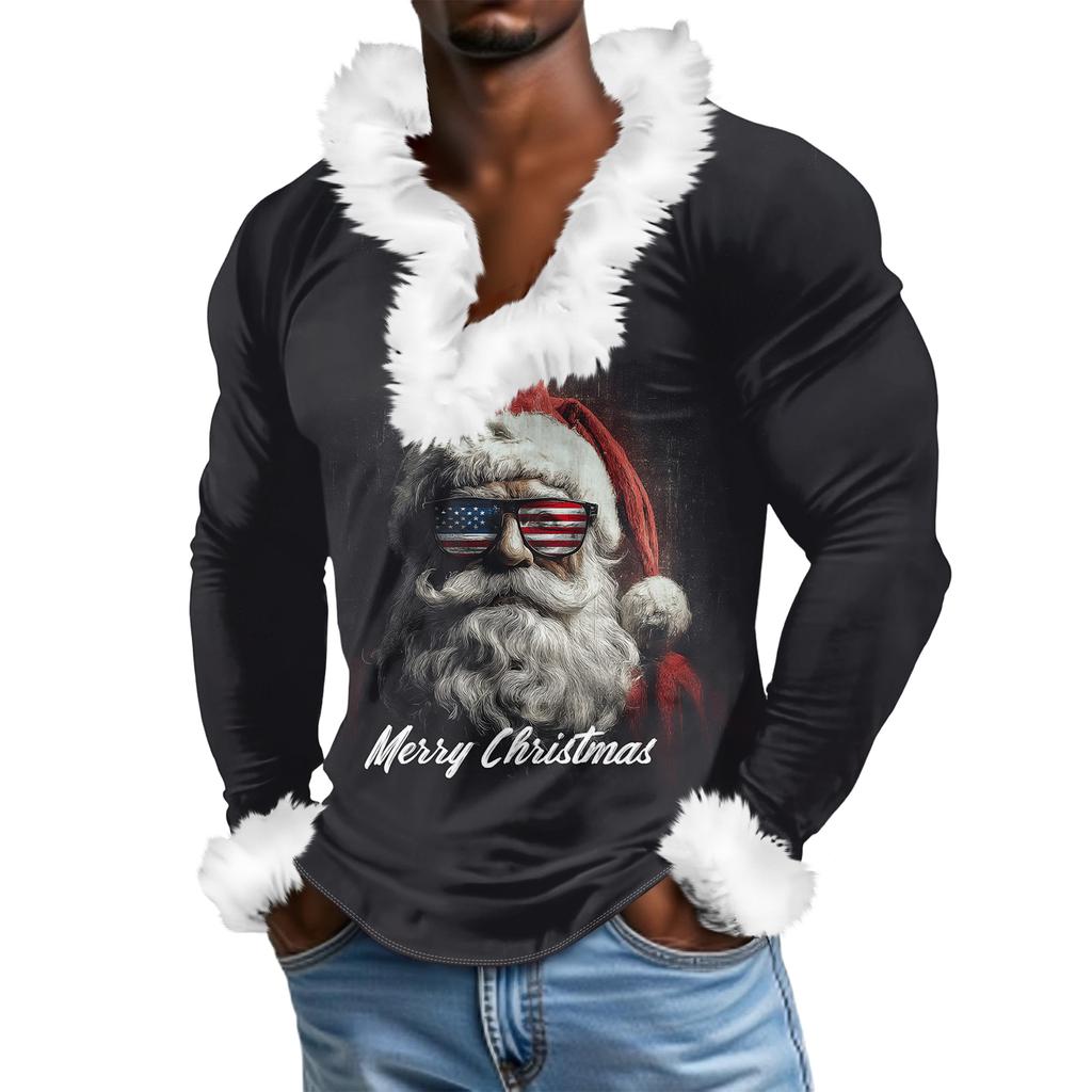 Herren Lässiges Weihnachten Bedrucktes Plüsch V-Ausschnitt und Fleece Langarm-Sweatshirt