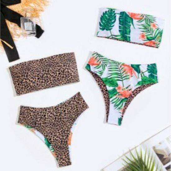 

2024 Summer Double-Sided Print Bandeau High Waist Backless Bikini Swimsuit L
