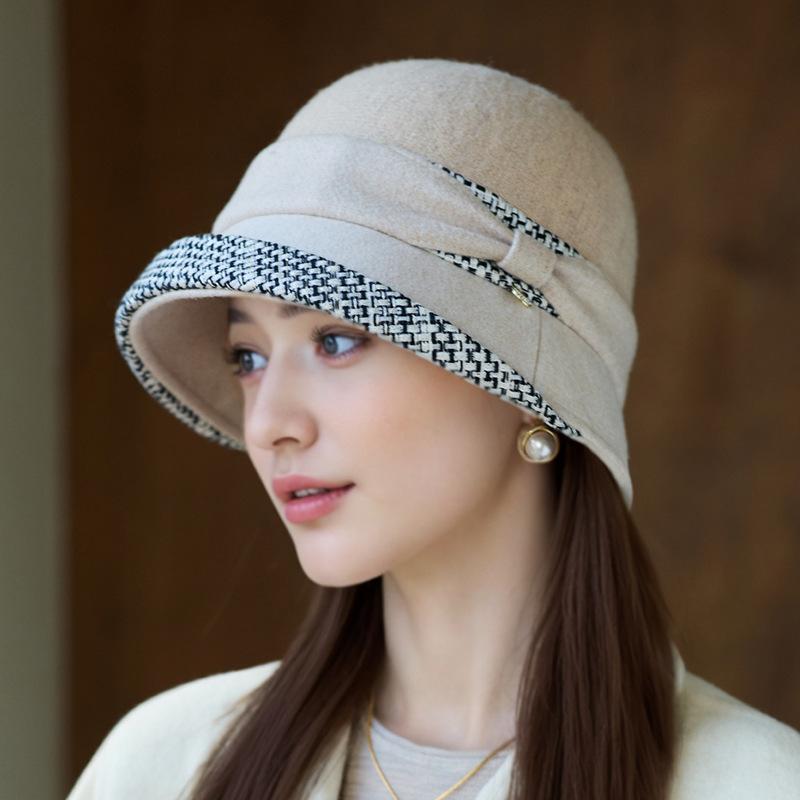 Nový dámský zimní klobouk bucket Módní malý kostkovaný vlněný klobouk kbelíkový Venkovní cestovní teplý klobouk