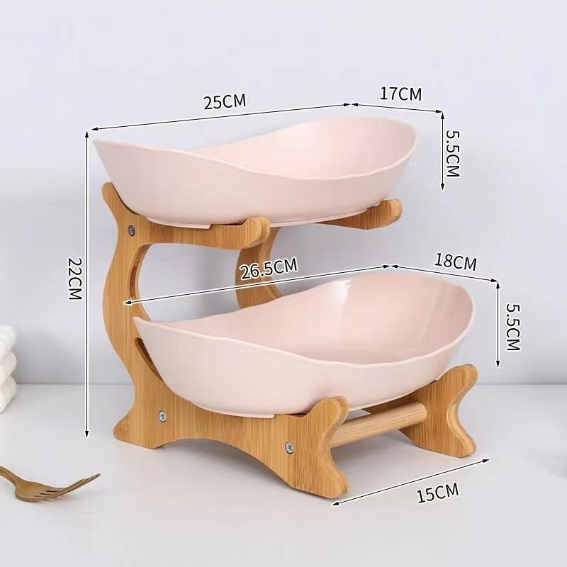 Creative Multi Tier Fruit Bowl European Ceramic Dessert Plate Bamboo Wood Rack Home Candy Bowl Fruit Basket