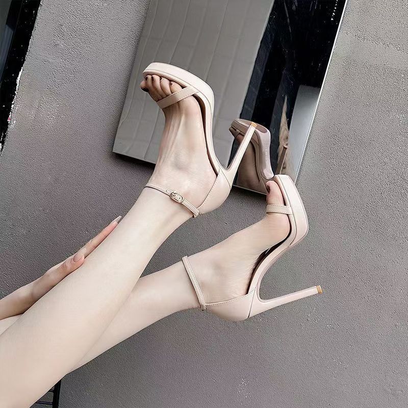 2025 women's new word with sexy versatile thin heel waterproof platform platform platform sandals women's summer Internet celebrity high heels