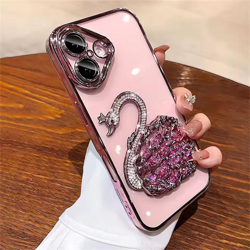 Luxury Plating Bling Glitter Gradient Diamond Swan Quicksand Phone Case For iPhone 15 12 13 14 16 Pro Max Plus Shockproof Cover