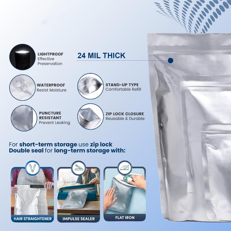 10Pcs Aluminum Foil Stand-Up Bags Reusable Airtight Smell Proof Resealable Storage Large Pouches