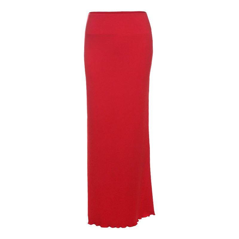 

Cross-Border 2025 European and American Style Summer New Women s Clothing Solid Color Slim Fit Round Neck Short-Sleeved Fashion High-Waisted Skirt Set Red Skirt S