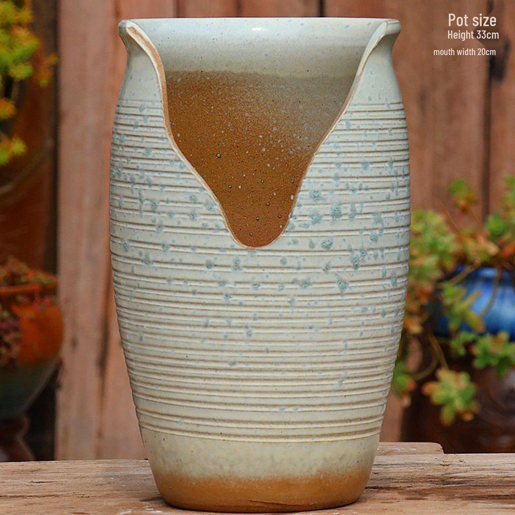 Handmade Coarse Pottery Wide-Mouth Flower Pot - Ceramic Zisha Succulent Planter with Rustic Cut-Edge Design for Chlorophytum