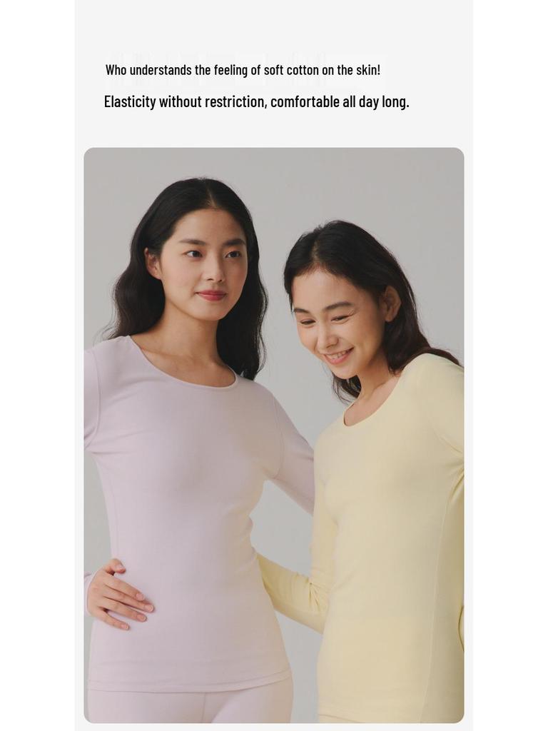 Women's 280g Extra Thick Pure Cotton Antibacterial Double-Brushed Round Neck Thermal Top