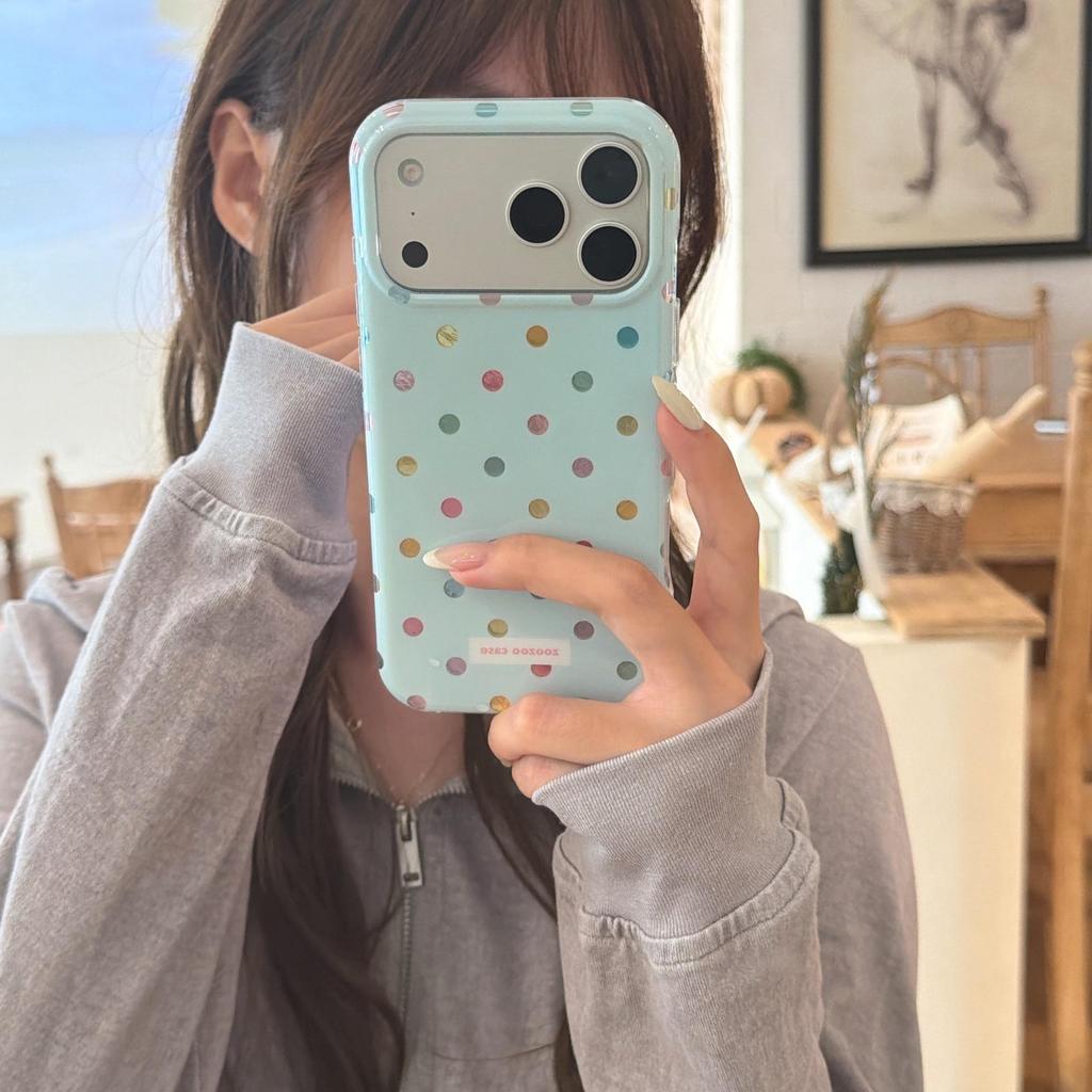 iPhone 16 Pro Max Case: Blue, Colorful Polka Dots, Drop-Proof Silicone, Apple 15/14 Compatible, Cute Design