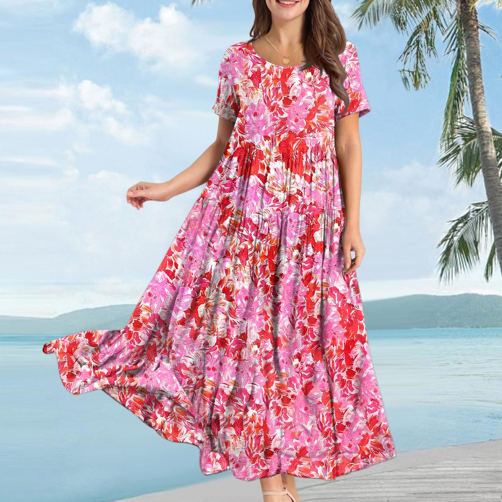 

Женское повседневное свободное богемное платье с цветочным принтом, длинное макси-платье с коротким рукавом, летнее пляжное платье-качели M розовый