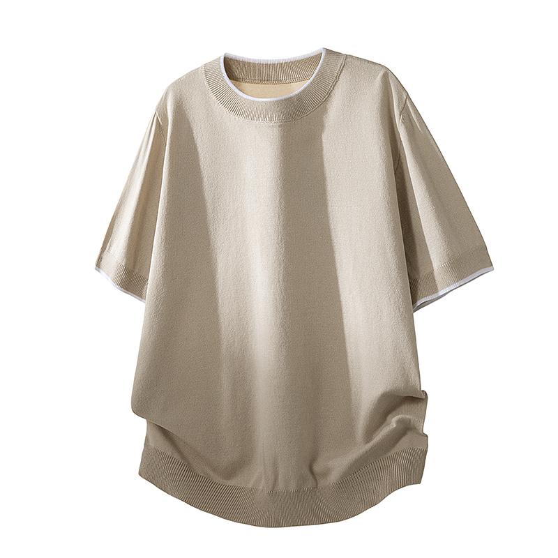 Casual Short-sleeved Men s Tencel Lightweight Breathable Short-sleeved Sweater Men s Cool Silk T-shirt Men s Round Neck 2XL хаки