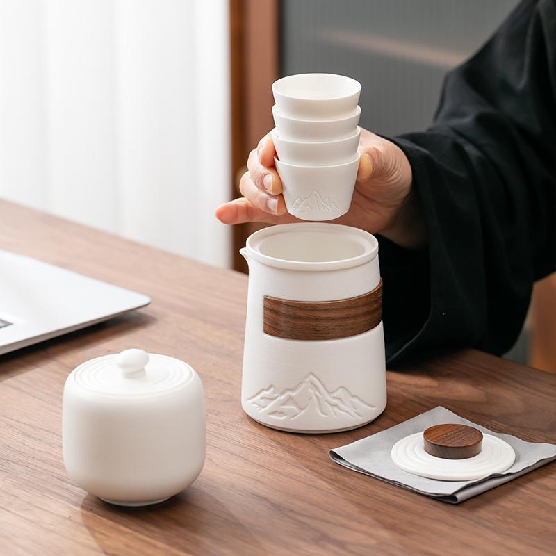 Ceramic Portable Travel Tea Set 1 Pot 4 Cups Camping Outdoor Single Person Drink Business Souvenir