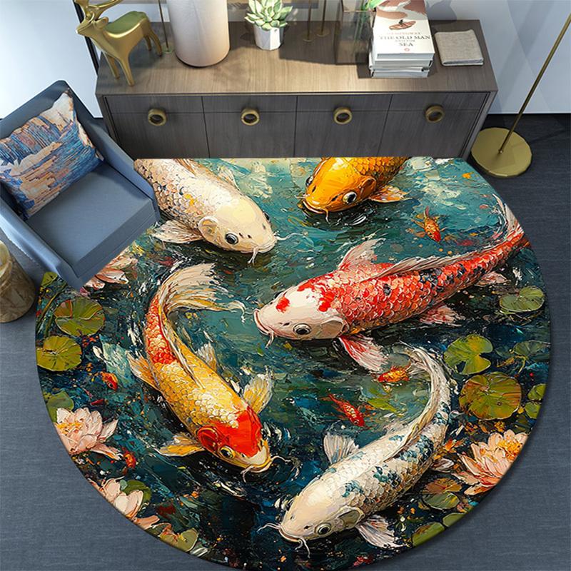 Koi Fish Round Area Rug,Carpet Rug for Living Room Bedroom Sofa Playroom Decor,Non-slip Floor Mat