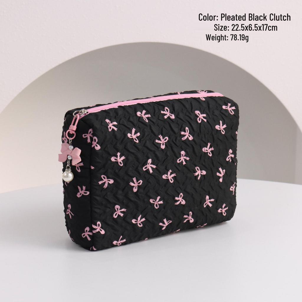 Elegant Pleated Bow Makeup Bag: Chic Design & Convenient Lipstick Clutch for Women