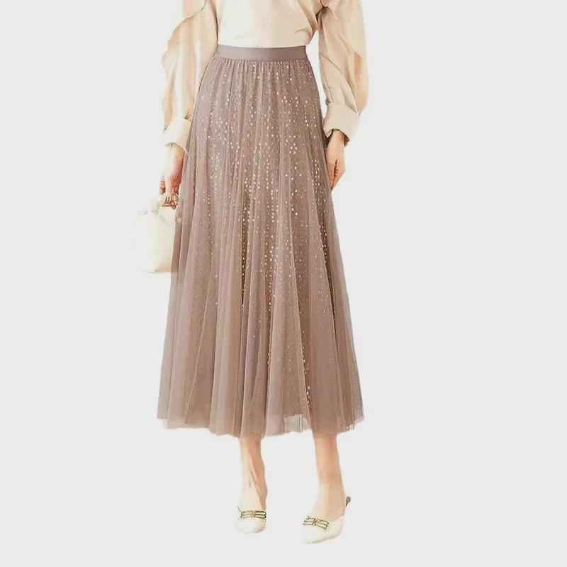 Trendy High-Waisted Sequin Mesh Midi Skirt for Spring/Summer