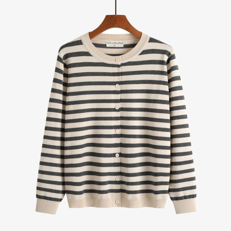 Striped Long Sleeved Knitted Sweater Women's Autumn and Winter New Loose Small Cardigan Jacket All Match Top