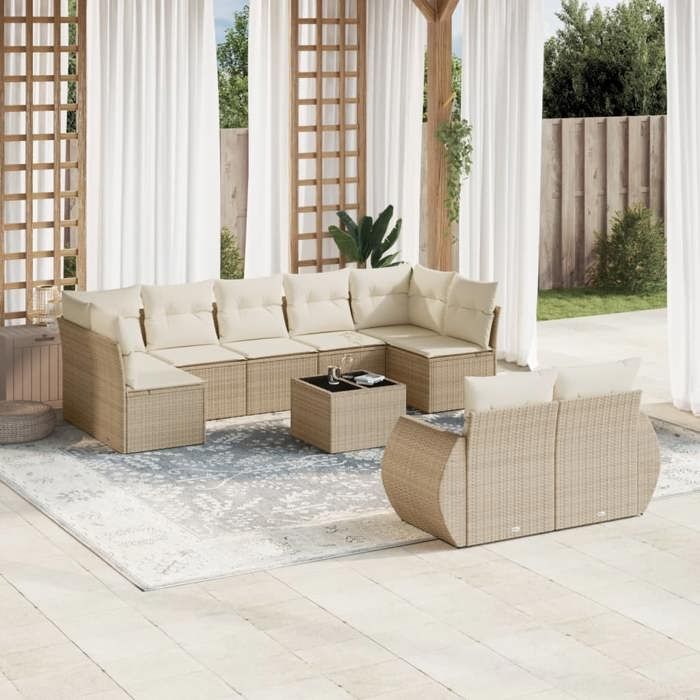 VidaXL Salon de Jardin avec Coussins 10 pcs, Canapés de Terrasse, Ensemble de Meubles de Patio, Mobilier d'Extérieur, Beige 3221827
