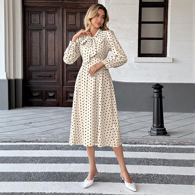 Herbst 2025 Retro Polka-Dot Midi-Kleid mit Schleifenkragen und langen Ärmeln