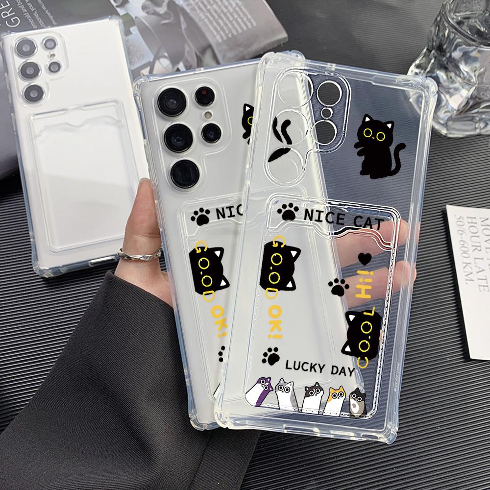 Silicone Cat Card Holder Case For Samsung A06 A05s A05 S24 Ultra S23 Plus S22 S21 S20 FE A10s A10 A04 A03s A04E A03 Funda Cover