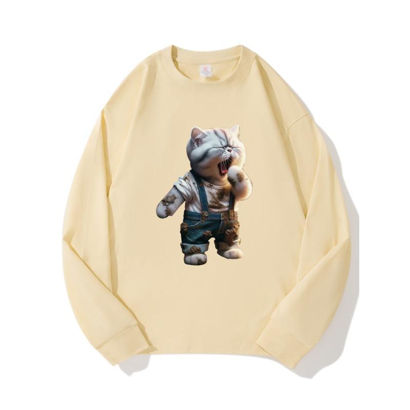 

Yawning CatAutumn Clothing Длинные рукава из чистого хлопка Новые мужские и женские топы, весенний внутренний слой, базовая рубашка, футболка с круглым вырезом и длинными рукавами XXL бежевый