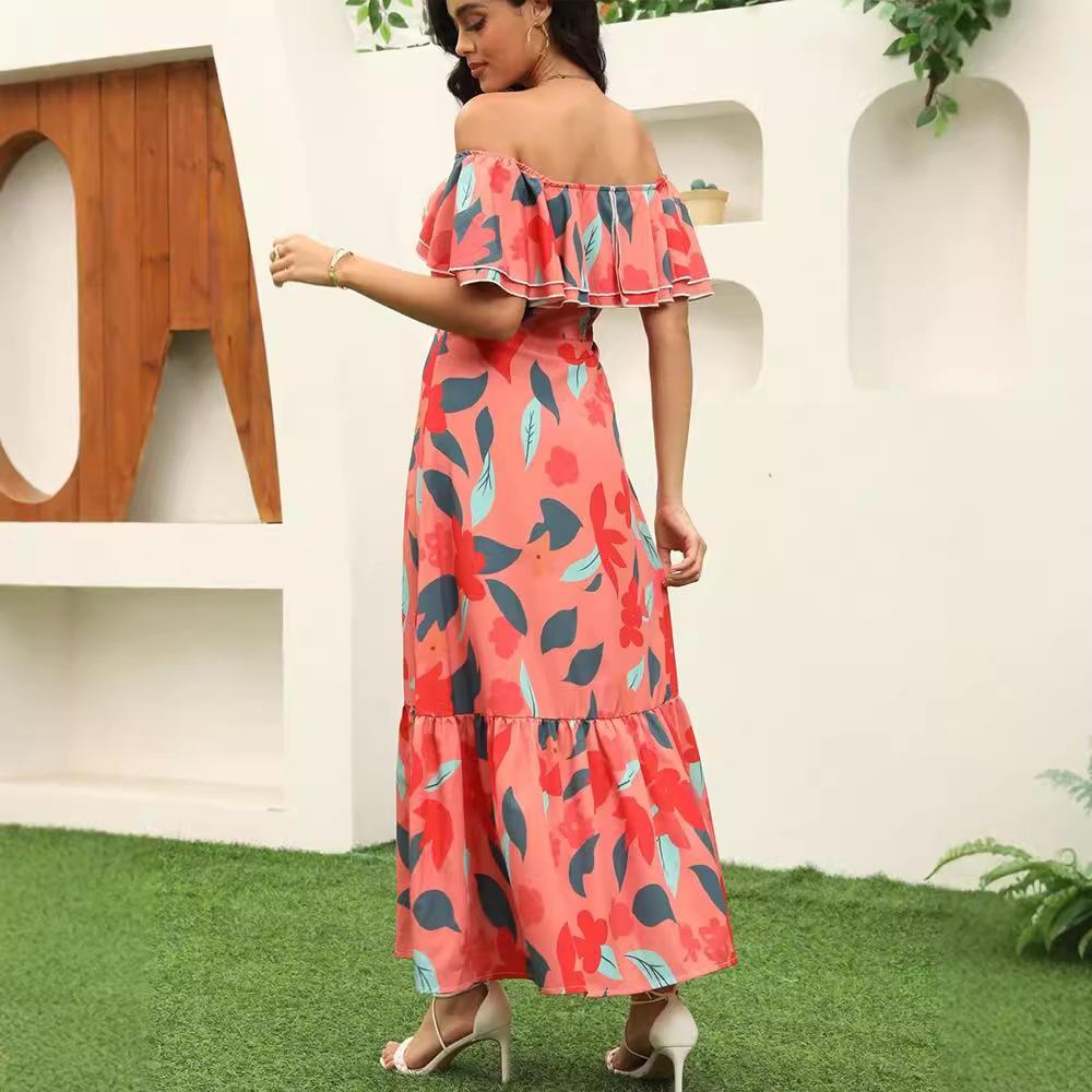 European and American Foreign Trade New Sexy One-word Shoulder Flower Print Flying Sleeve Dress