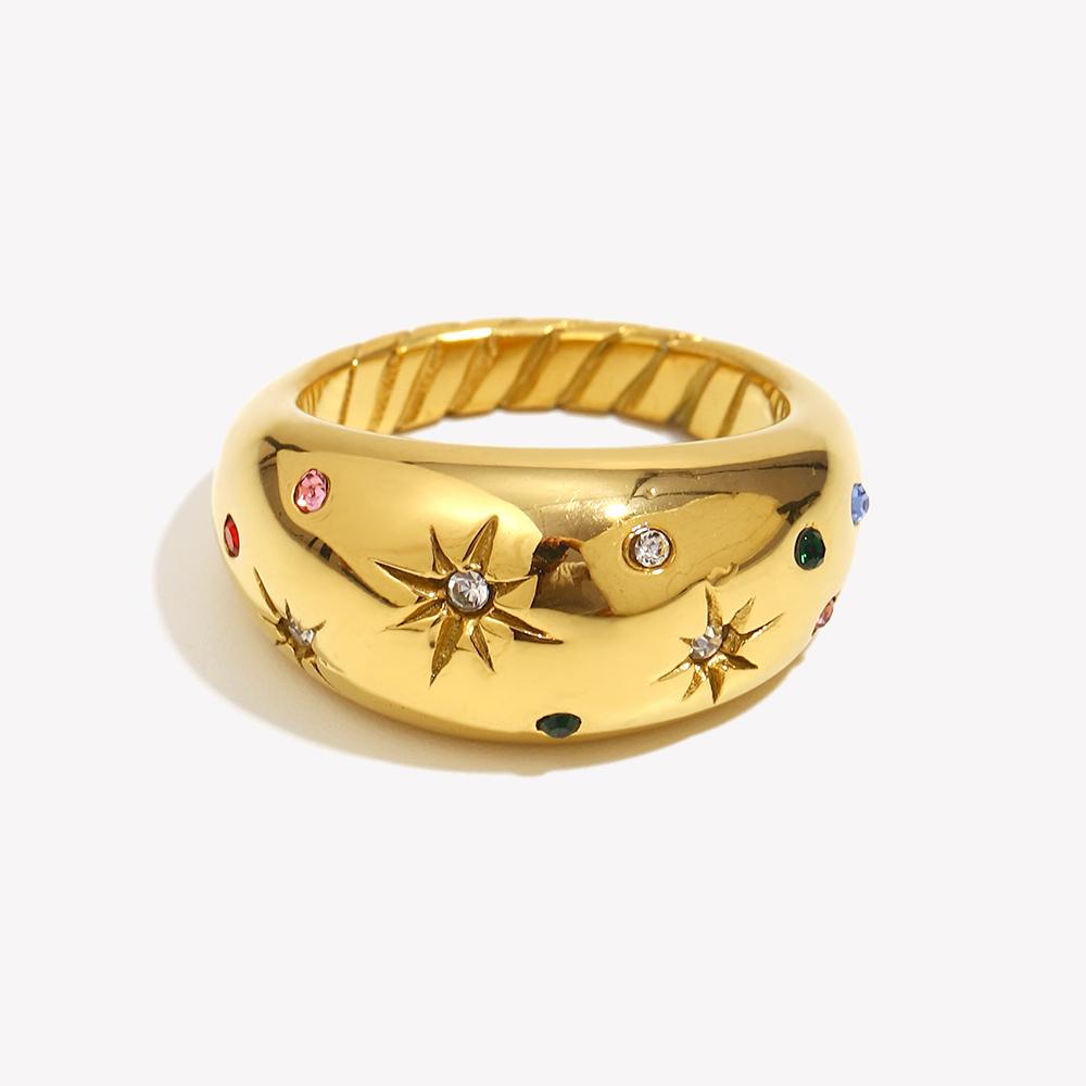 E.B.belle 2024 Collection Colorful Crystal Zircon Gem Star Pattern Bold Dome Stainless Steel Rings For Women Gold Plated Ring