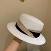 Women's summer beach straw hat beach shade sun protection color blocked flat top sun hat British versatile top hat