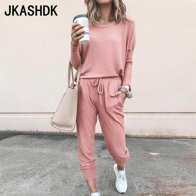 Damenmode Casual Frühling Herbst Einfarbig Druck Langarm O-Ausschnitt Hosen Hosen Anzüge