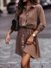 Autumn/Winter Solid Color Waist-Tie Button Roll-Up Sleeve Dress