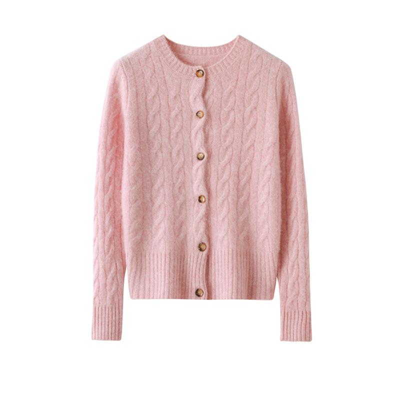 Damen Kaschmir Zopfmuster Cardigan - Rundhalsausschnitt, Langarm, Unifarben, Knopfleiste Pullovermantel für Herbst/Winter