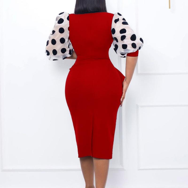 Plus Size Women Fashion V Neck Mesh Patchwork Midi Pencil Dress