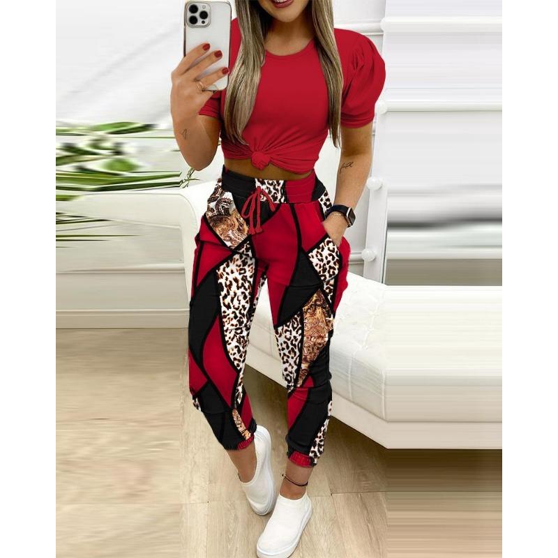 YYFS Damenmode Casual Sommer Frühling Kurzarm O-Ausschnitt Hosen Hosenanzüge