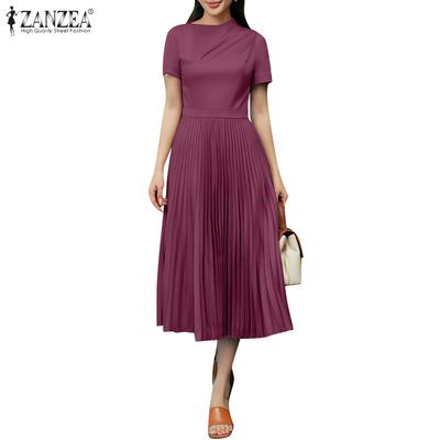 Women Summer Round Neck Casual Short Sleeve Pleated Dress
