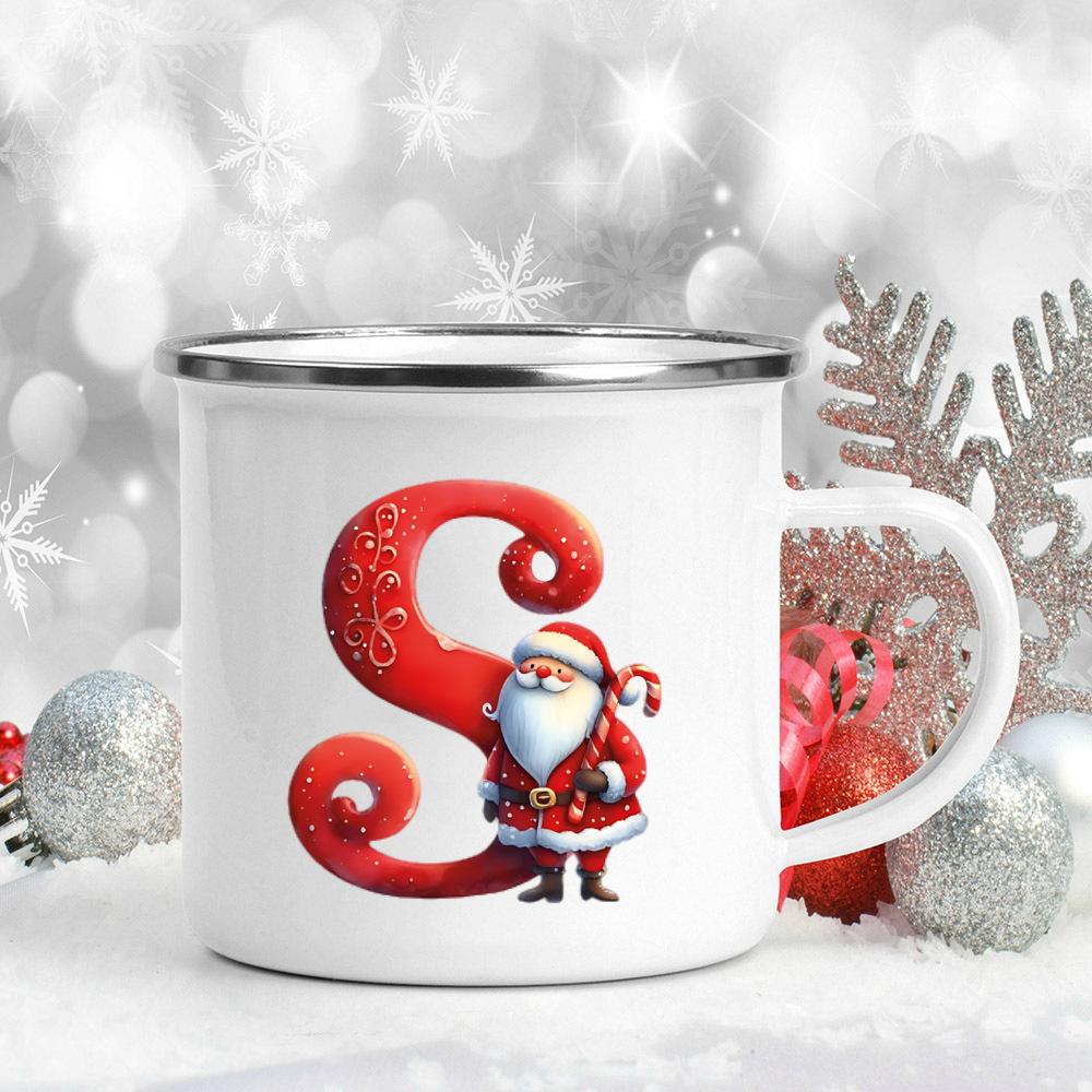 A-Z Letter Santa Claus Printed Enamel Cup Milk Wine Coffee Cup Mug Christmas Family Party Best Gift