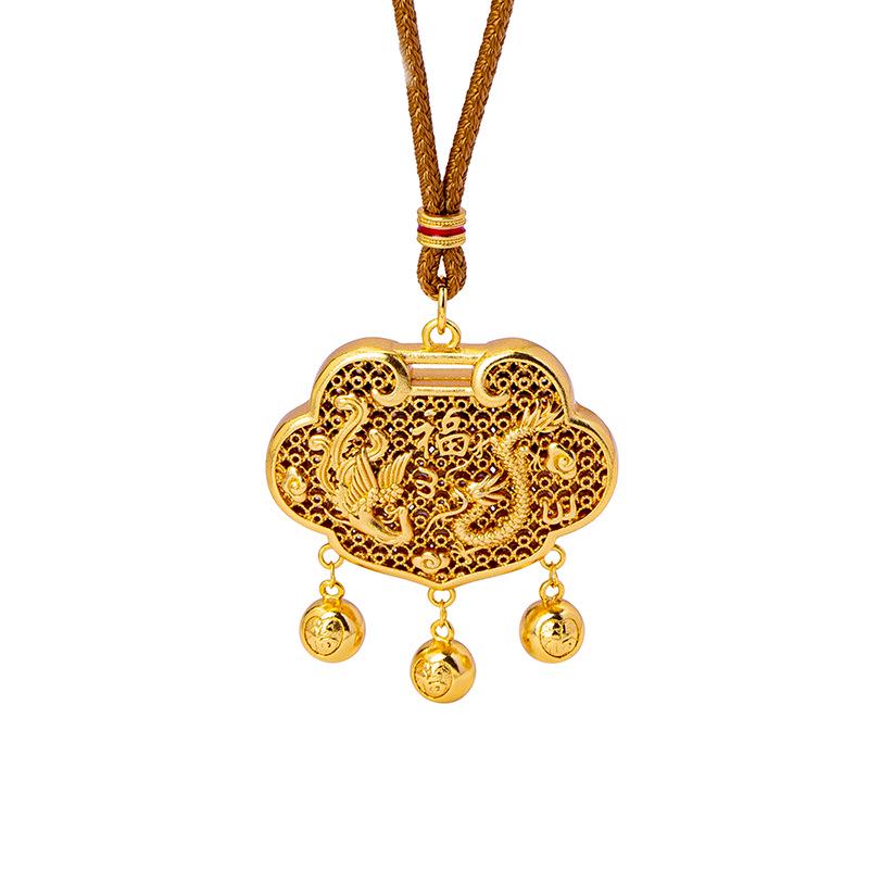 Vietnamese Sand Gold Ruyi Lock Necklace with Dragon & Phoenix Design