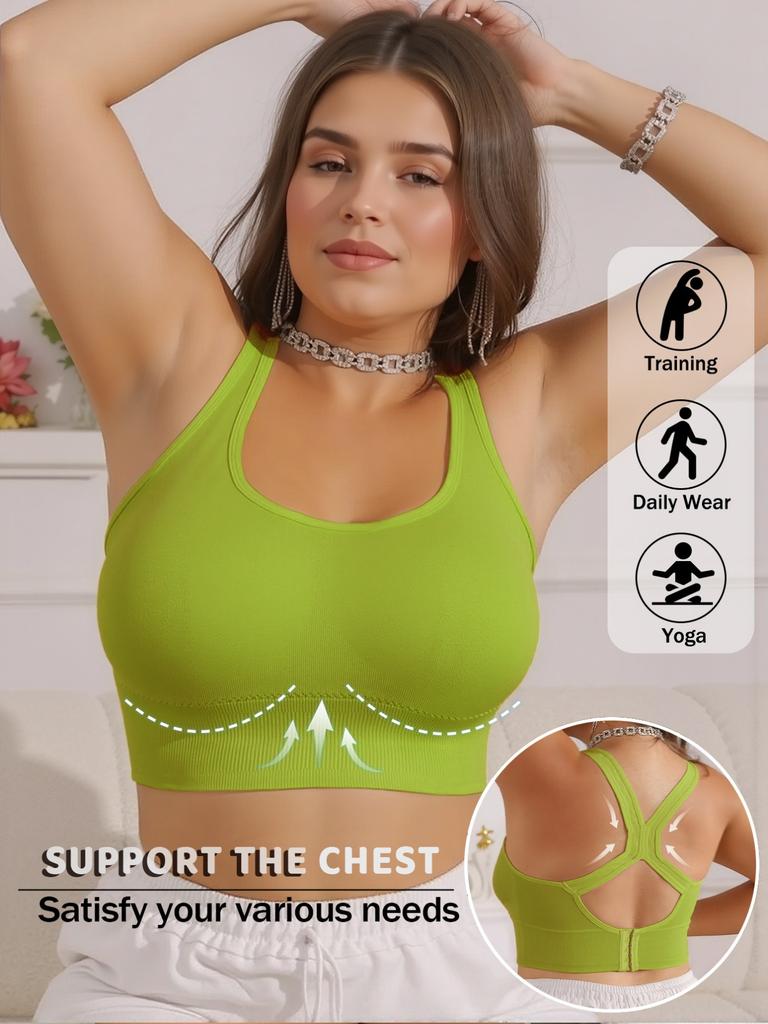 Plus Size Racerback Sports Bra for Women, High Support Wireless Workout Bra with Back Closure, Seamless Yoga Bra
