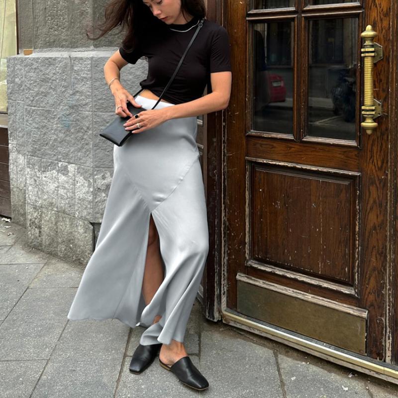Elegant Grey Satin Skirts For Women Fashion Mid Waisted Slit Solid Skirts Casual New Loose Ankle-Length Skirt Streetwear