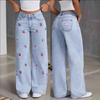 Jeans a Vita Alta Gamba Larga da Donna Vestibilità Larga Gamba Dritta Pantaloni in Denim Ricamo Ciliegia Streetwear Vintage Pantaloni Casual