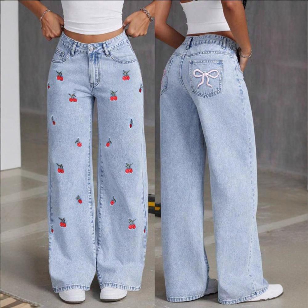 Jeans a Vita Alta Gamba Larga da Donna Vestibilità Larga Gamba Dritta Pantaloni in Denim Ricamo Ciliegia Streetwear Vintage Pantaloni Casual