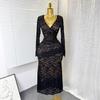 Autumn French Elegant Sexy Lace Hollow V-Neck Long Sleeve Waist Skinny Fishtail Dress Long Dress Women